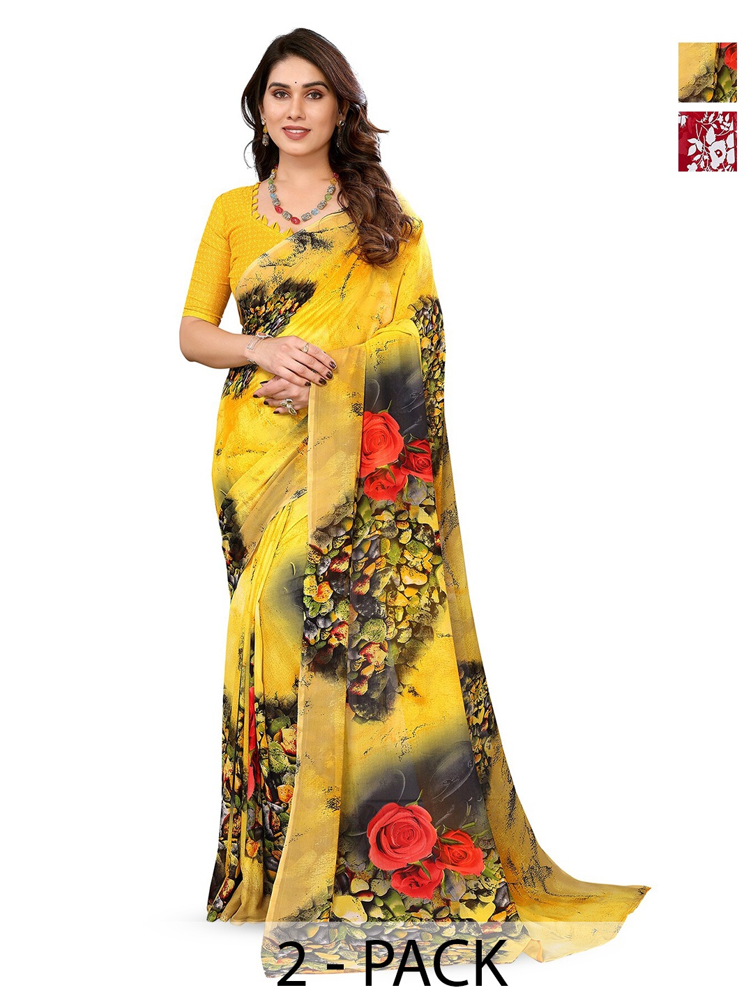 

ANAND SAREES Selection Of 2 Floral Printed Saree, Red