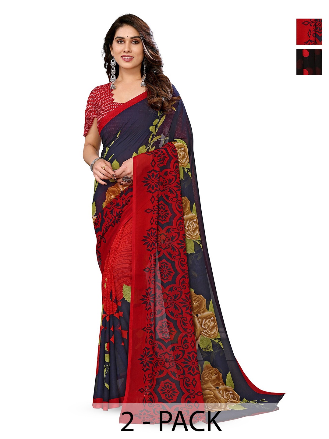 

ANAND SAREES Selection Of 2 Floral Printed Sarees, Red