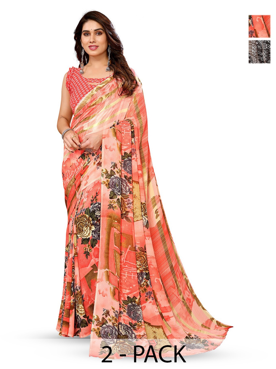 

ANAND SAREES Selection Of 2 Floral Printed Sarees, Black