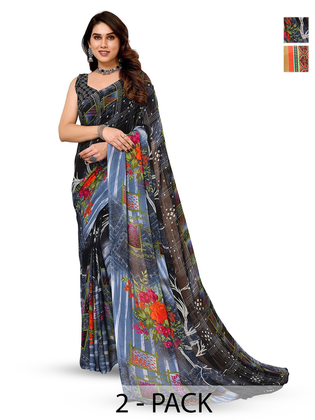 

ANAND SAREES Selection Of 2 Floral Printed Sarees, Blue