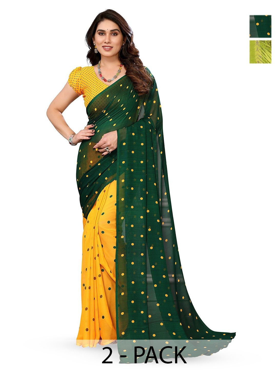 

ANAND SAREES Selection Of 2 Polka Dot Printed Sarees, Green