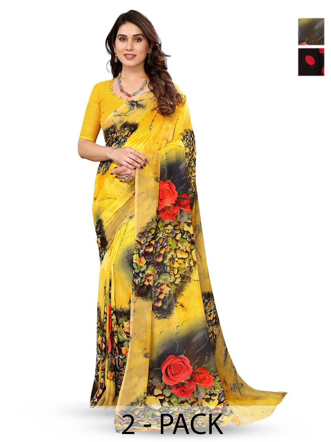 

ANAND SAREES Selection Of 2 Floral Printed Sarees, Yellow