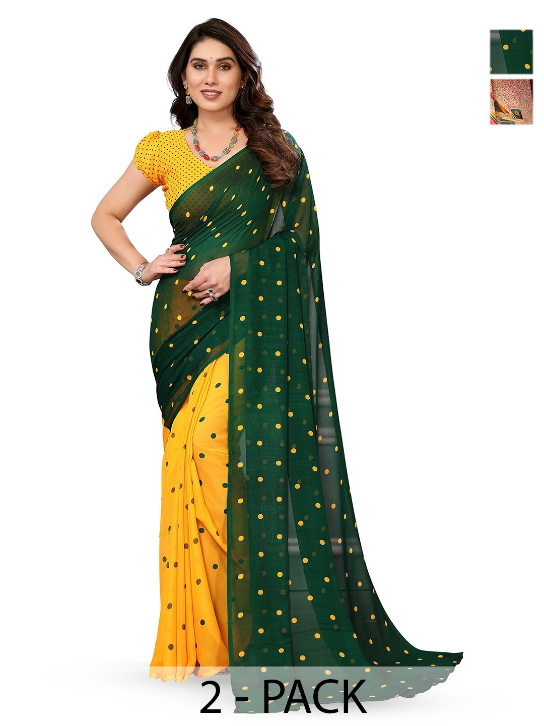 

ANAND SAREES Selection Of 2 Polka Dot Printed Sarees, Yellow