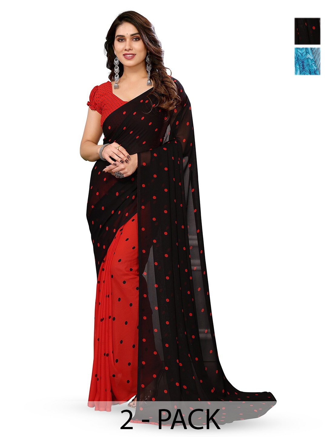 

ANAND SAREES Selection Of 2 Polka Dot Printed Saree, Black