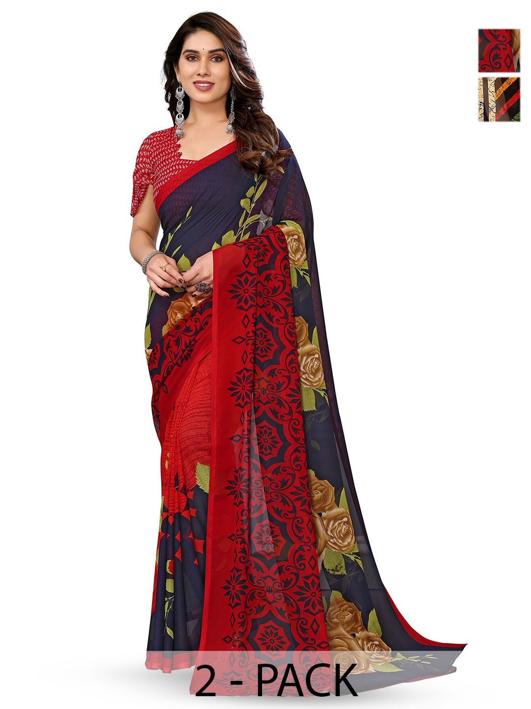 

ANAND SAREES Selection of 2 Floral Printed Sarees, Red