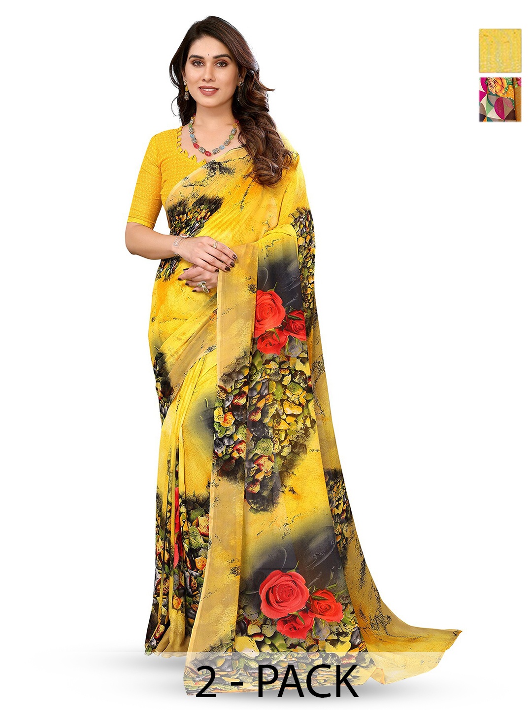 

ANAND SAREES Selection Of 2 Printed Sarees, Yellow
