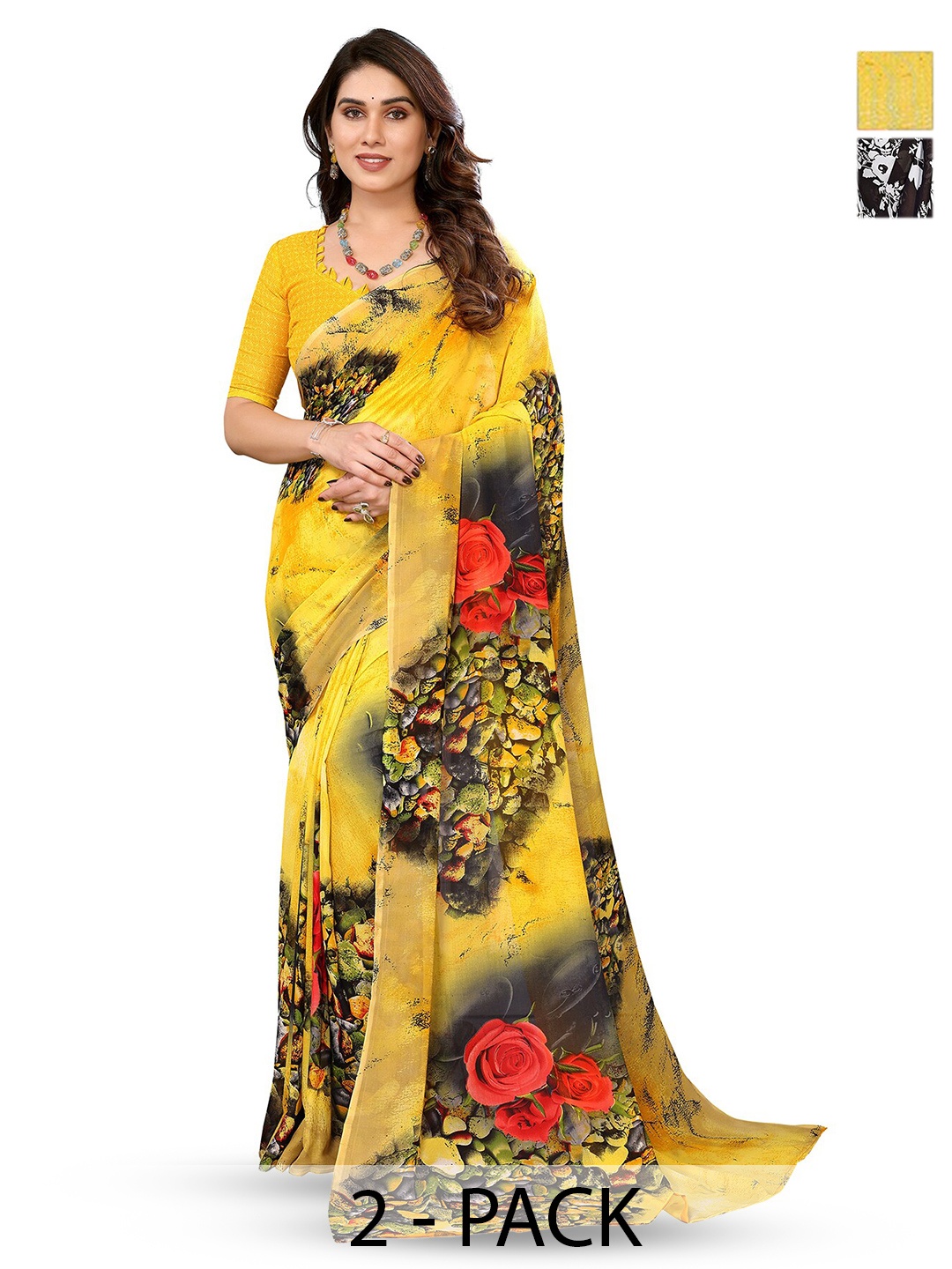 

ANAND SAREES Selection Of 2 Floral Printed Sarees, Yellow