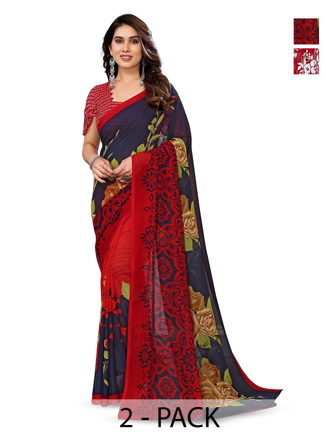 

ANAND SAREES Selection Of 2 Printed Sarees, Red