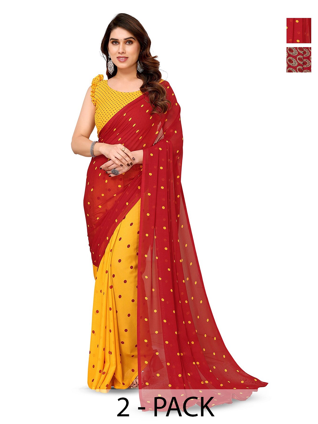 

ANAND SAREES Pack of 2 Polka Dot Printed Georgette Saree, Red