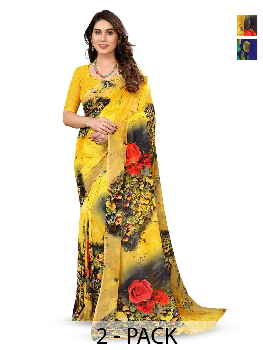 

ANAND SAREES Selection Of 2 Floral Printed Sarees, Blue