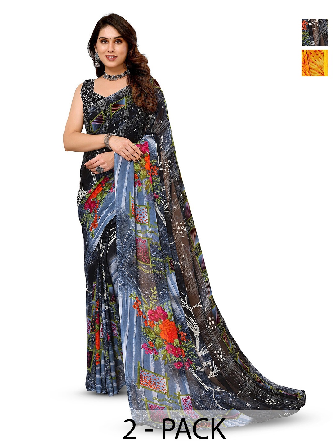 

ANAND SAREES Selection of 2 Floral Printed Sarees, Blue