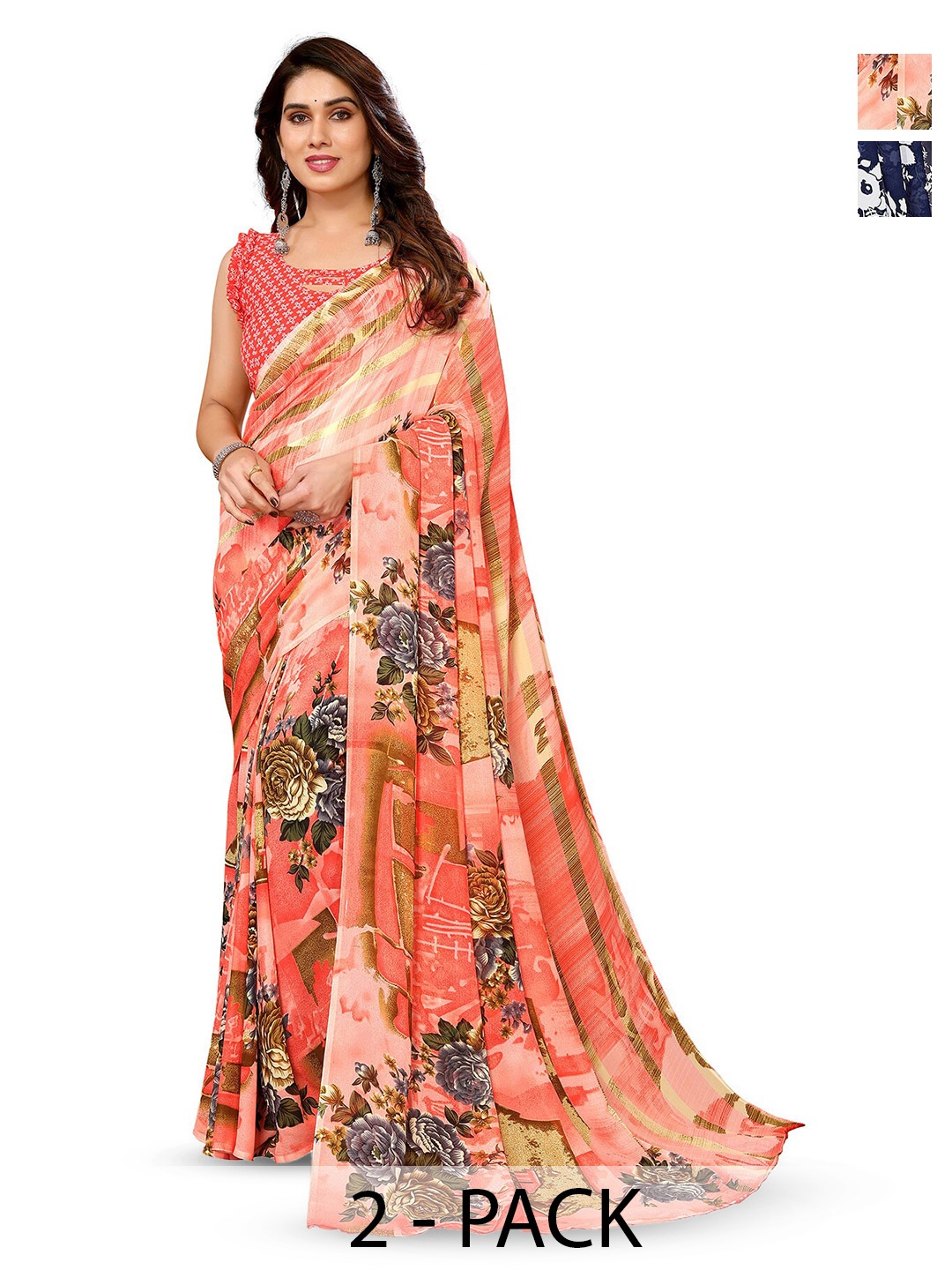 

ANAND SAREES Selection Of 2 Floral Printed Sarees, Blue