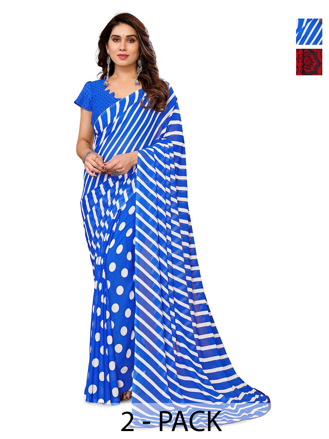 

ANAND SAREES Selection Of 2 Striped Sarees, Blue