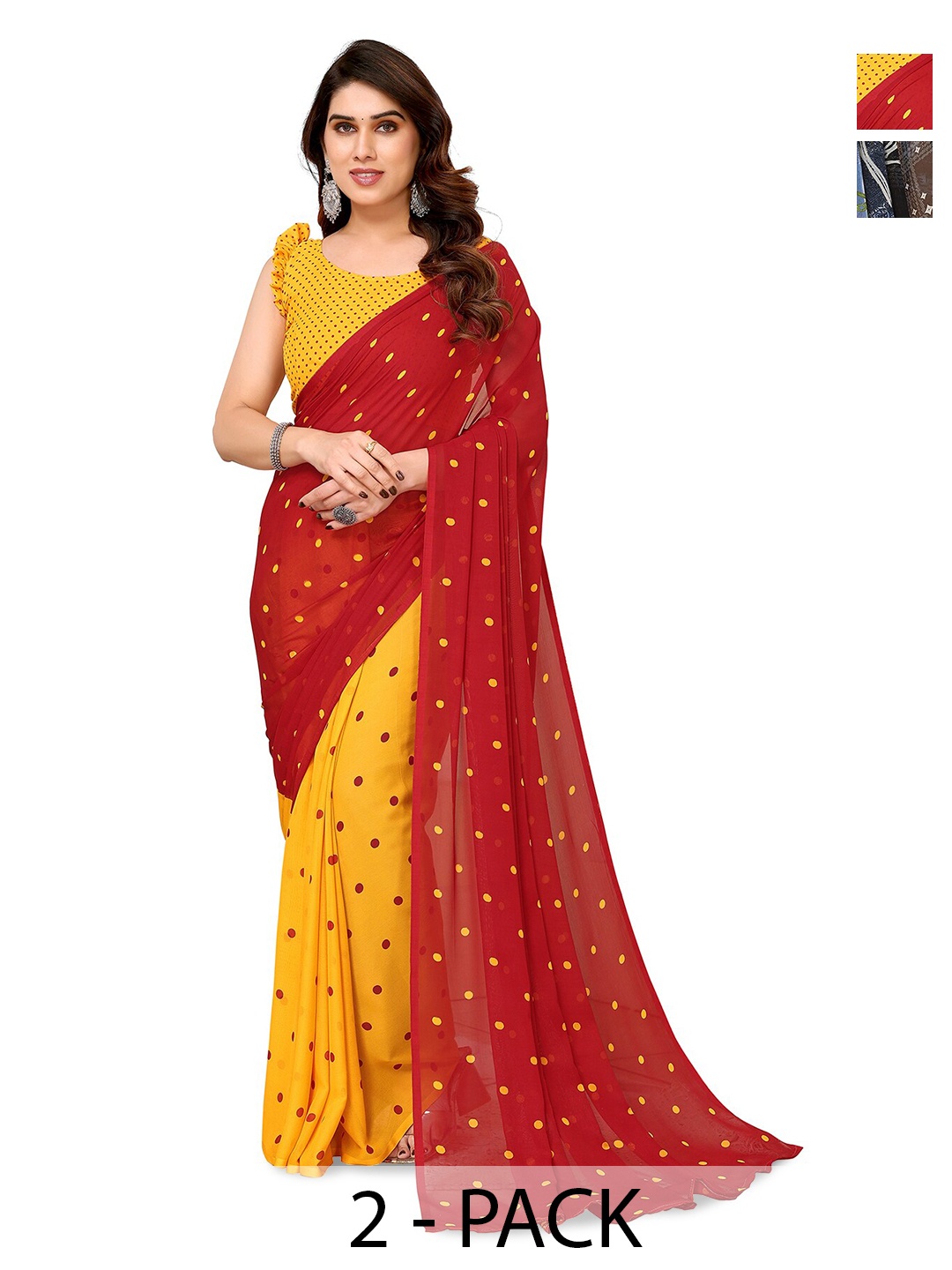 

ANAND SAREES Selection of 2 Polka Dot Printed Half and Half Sarees, Yellow