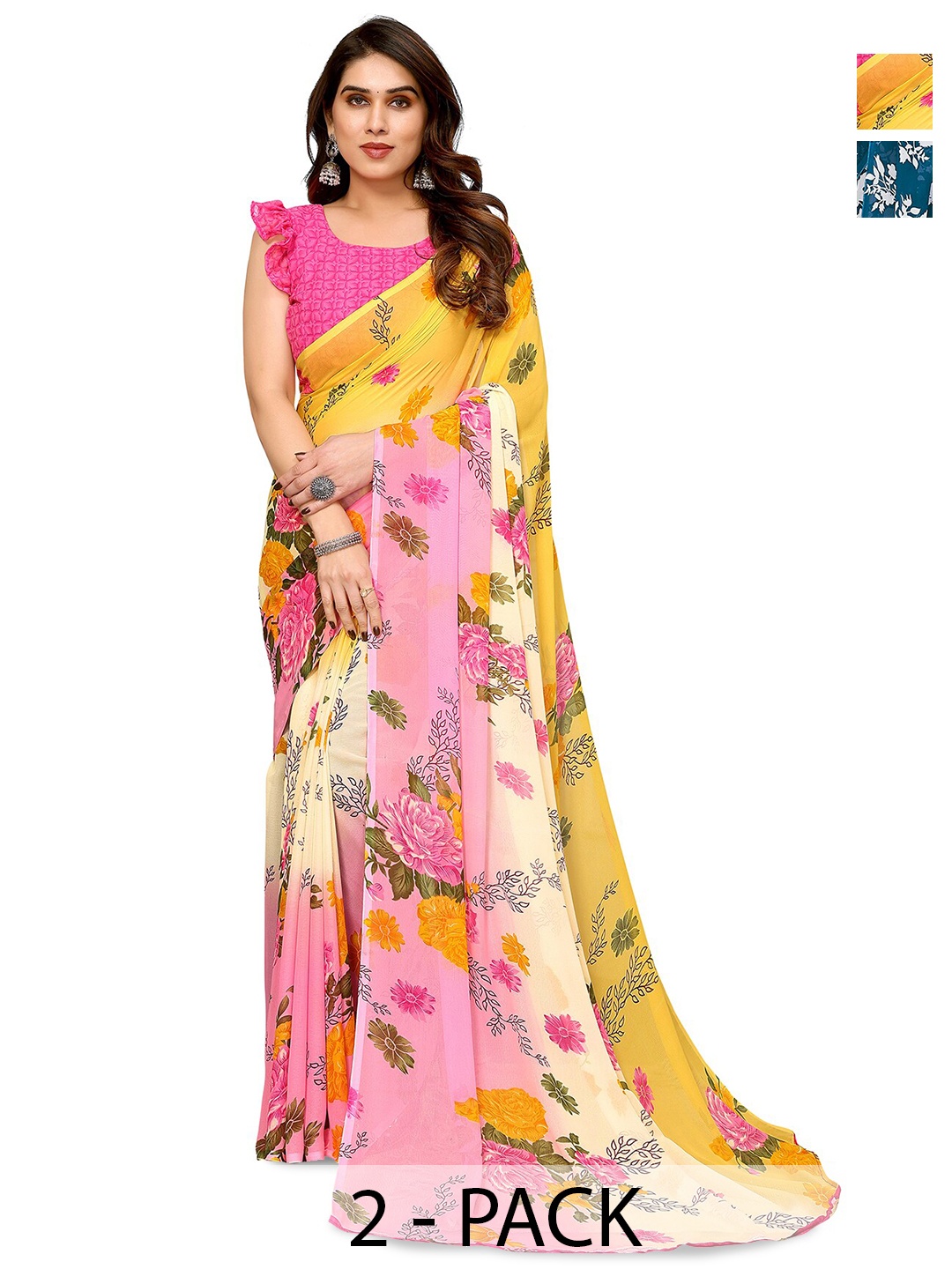 

ANAND SAREES Selection Of 2 Printed Sarees, Blue
