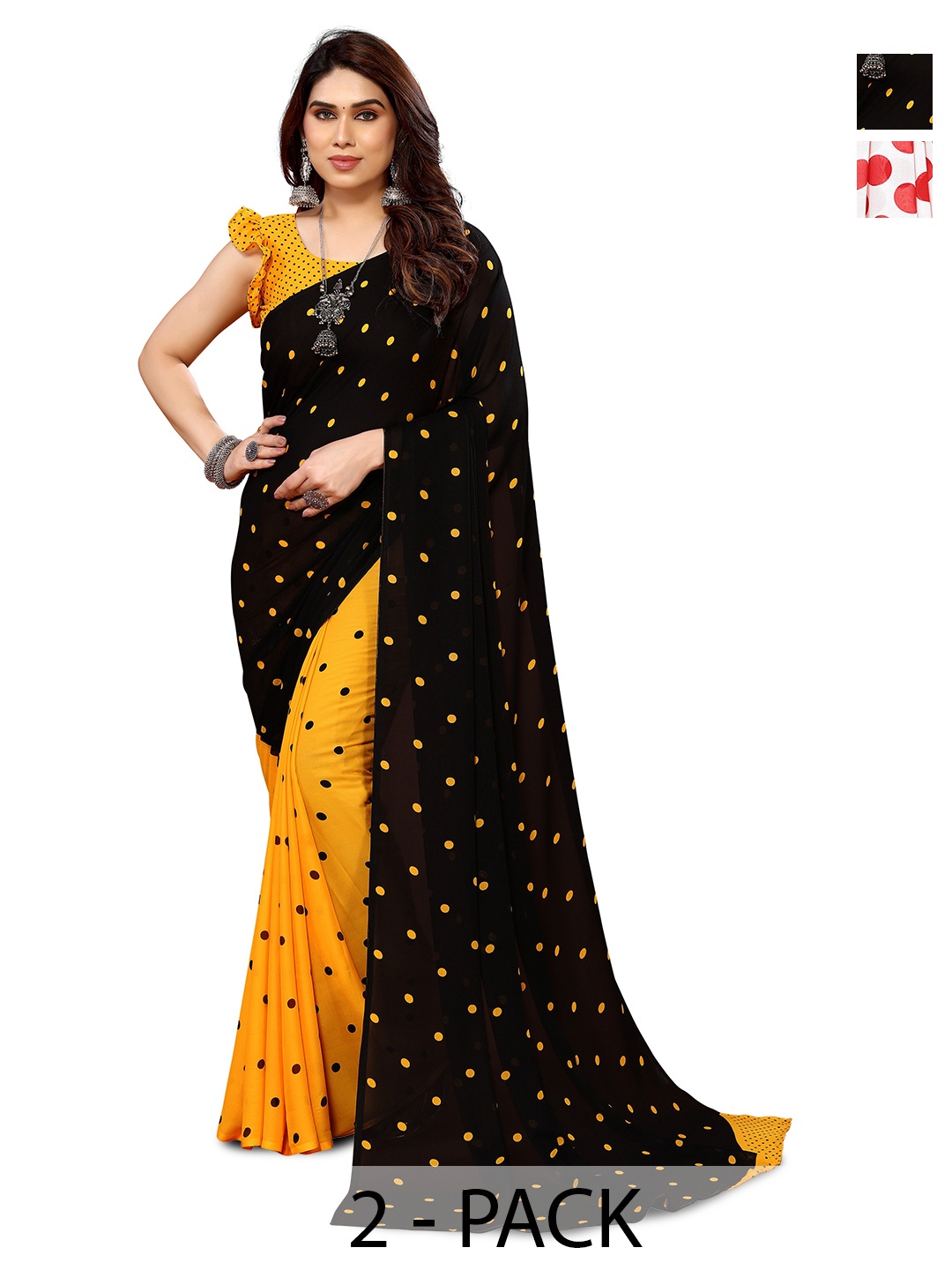 

ANAND SAREES Selection Of 2 Polka Dot Printed Sarees, Red