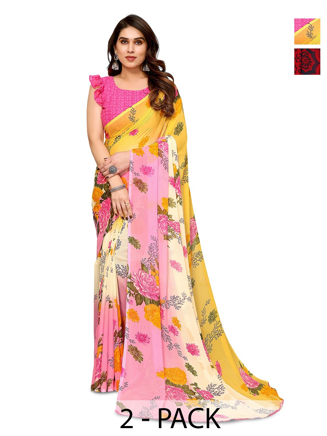 

ANAND SAREES Selection Of 2 Floral Printed Sarees, Peach