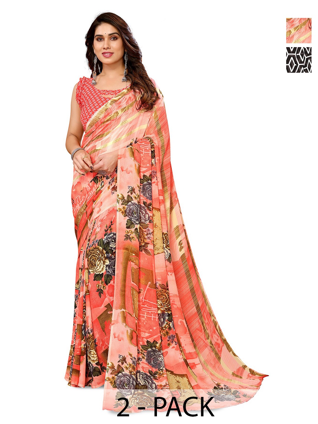 

ANAND SAREES Selection of 2 Floral Printed Sarees, Pink