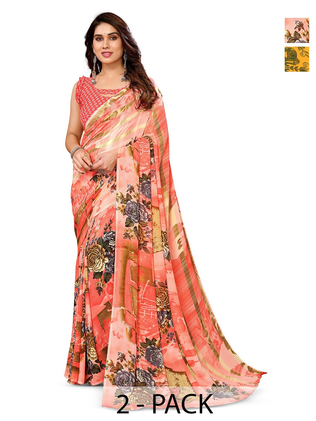 

ANAND SAREES Selection Of 2 Printed Sarees, Yellow