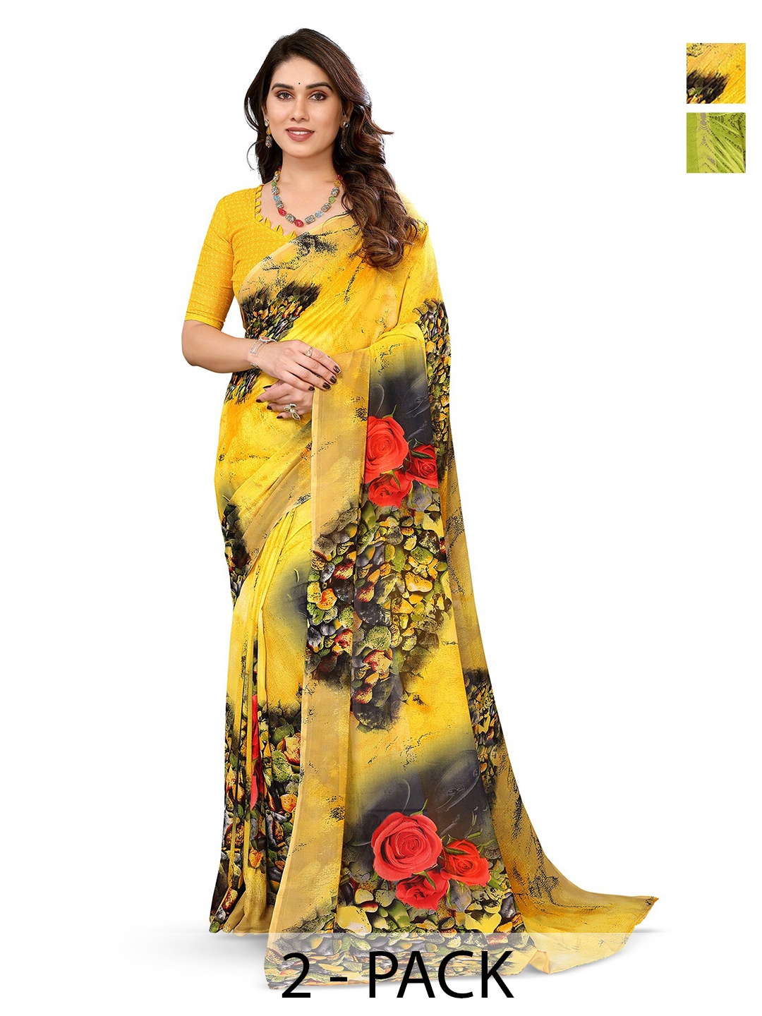 

ANAND SAREES Selection of 2 Floral Printed Sarees, Yellow