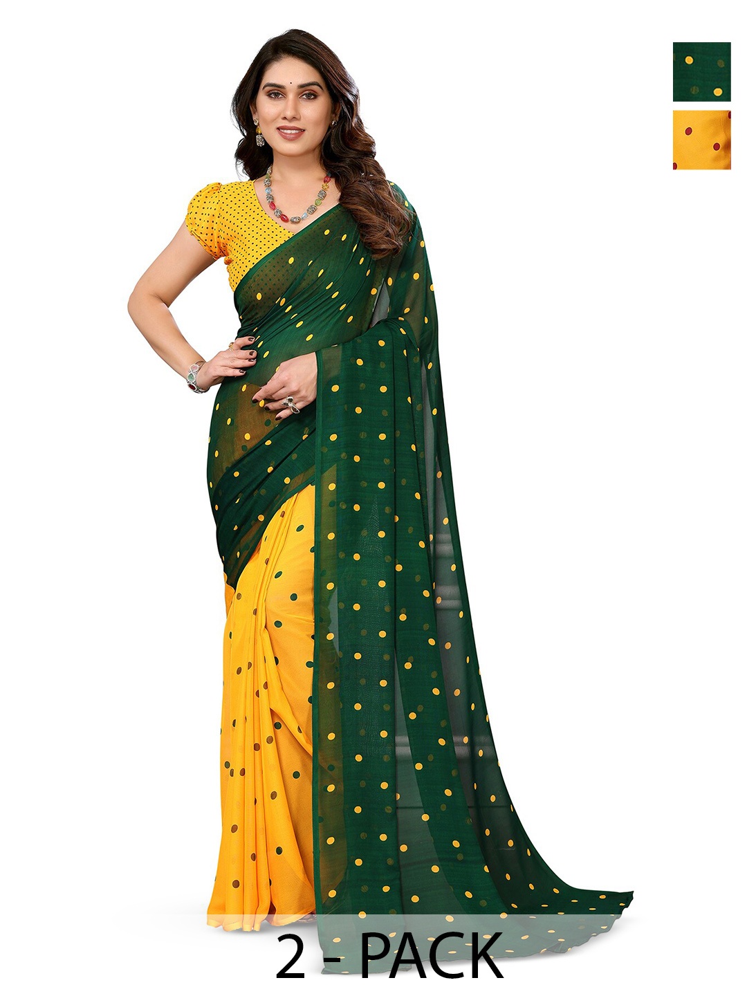 

ANAND SAREES Selection of 2 Polka Dots Printed Sarees, Green