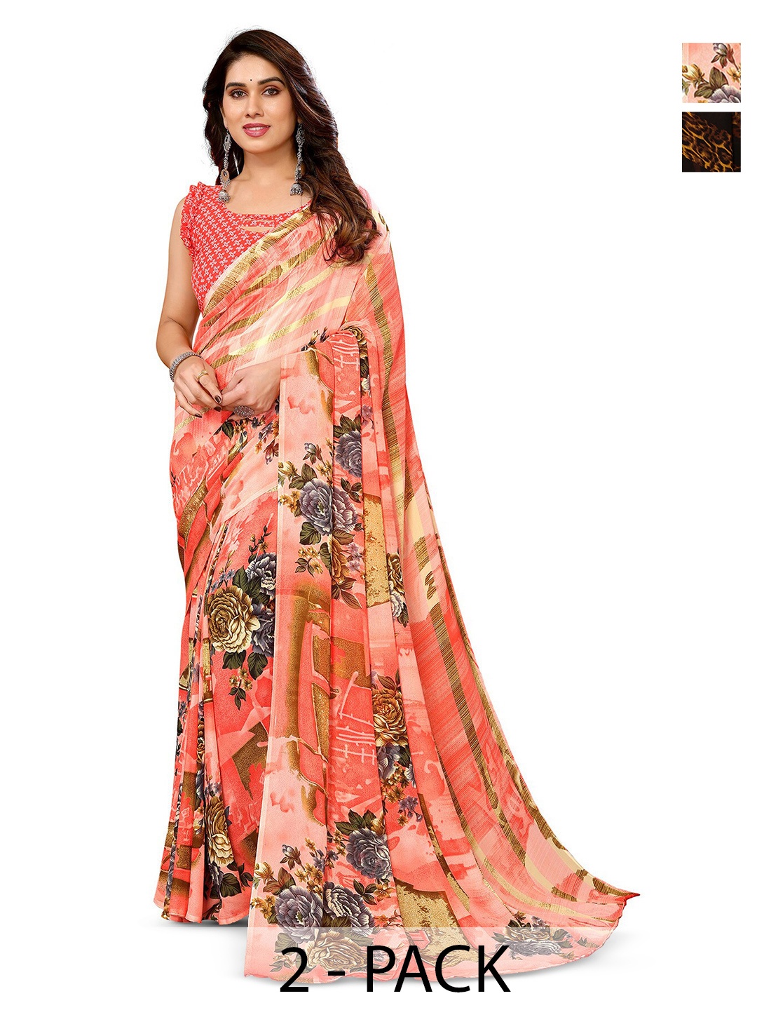 

ANAND SAREES Selection Of 2 Floral Printed Saree, Peach