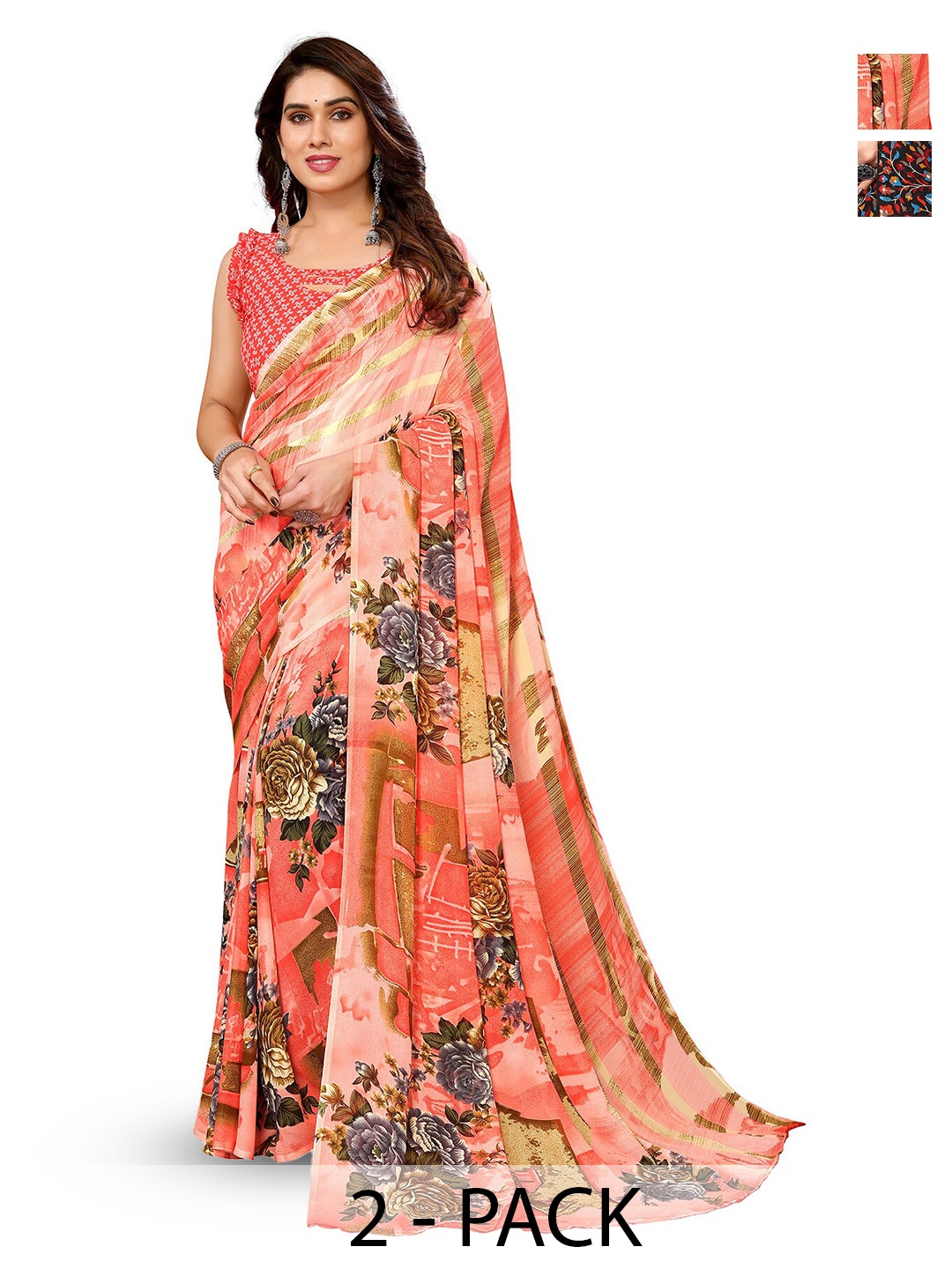 

ANAND SAREES Selection of 2 Floral Printed Sarees, Pink
