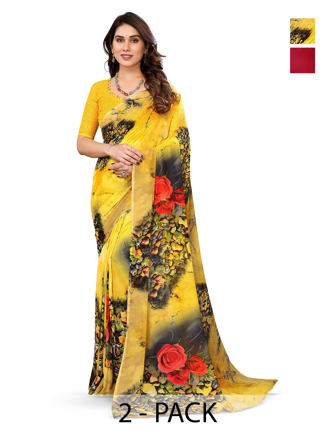 

ANAND SAREES Selection Of 2 Floral Printed Sarees, Yellow