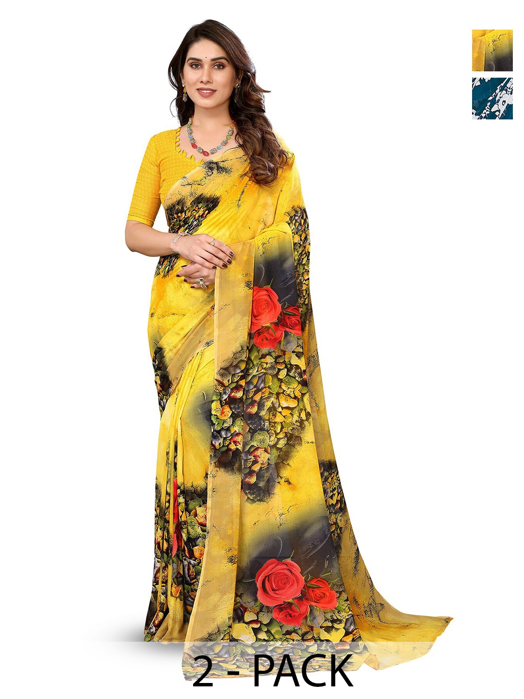 

ANAND SAREES Selection of 2 Floral Saree, Yellow