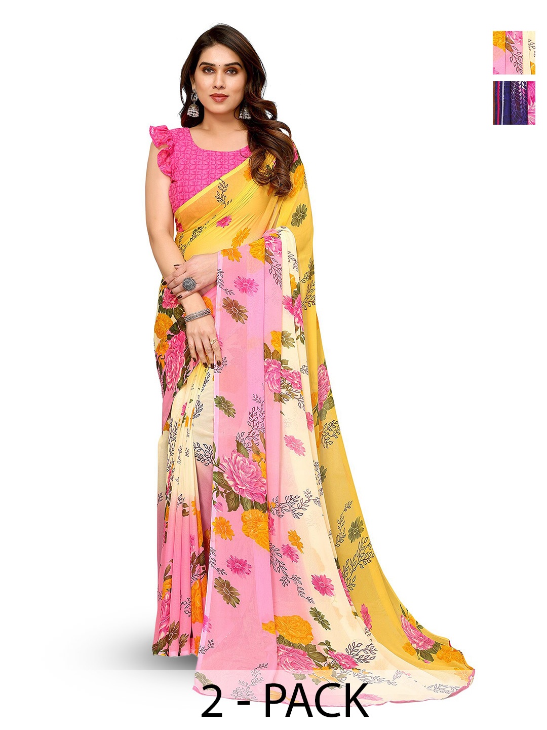 

ANAND SAREES Selection Of 2 Floral Printed Saree, Pink