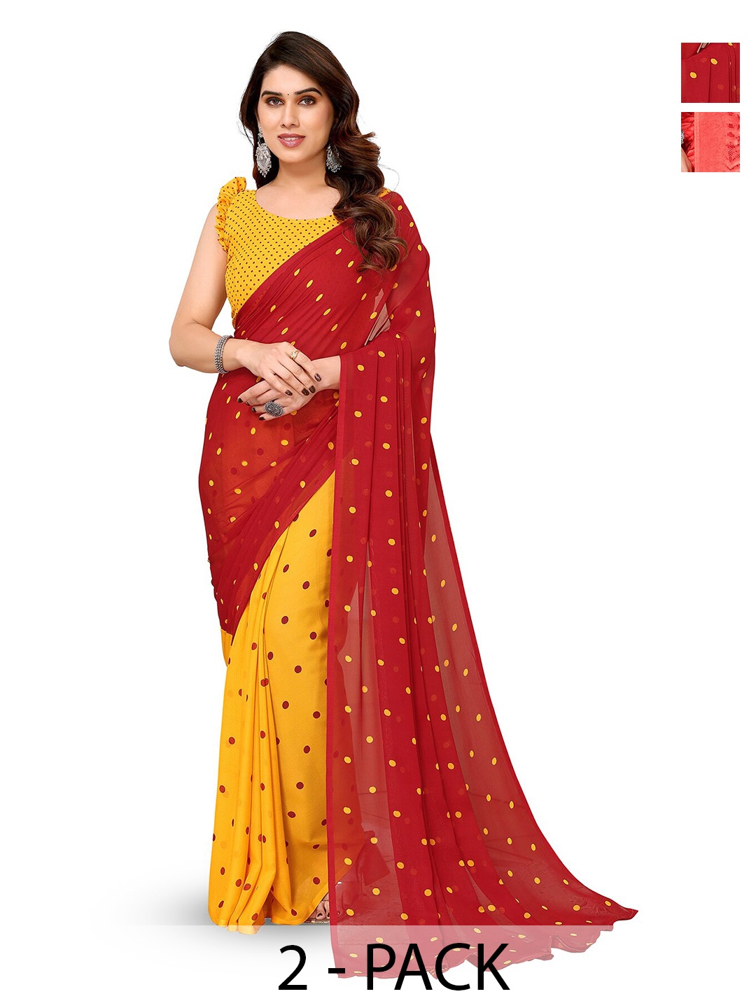 

ANAND SAREES Selection Of 2 Polka Dots Printed Sarees, Red