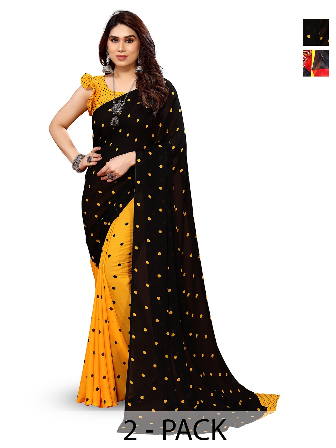 

ANAND SAREES Selection Of 2 Polka Dot Printed Sarees, Black