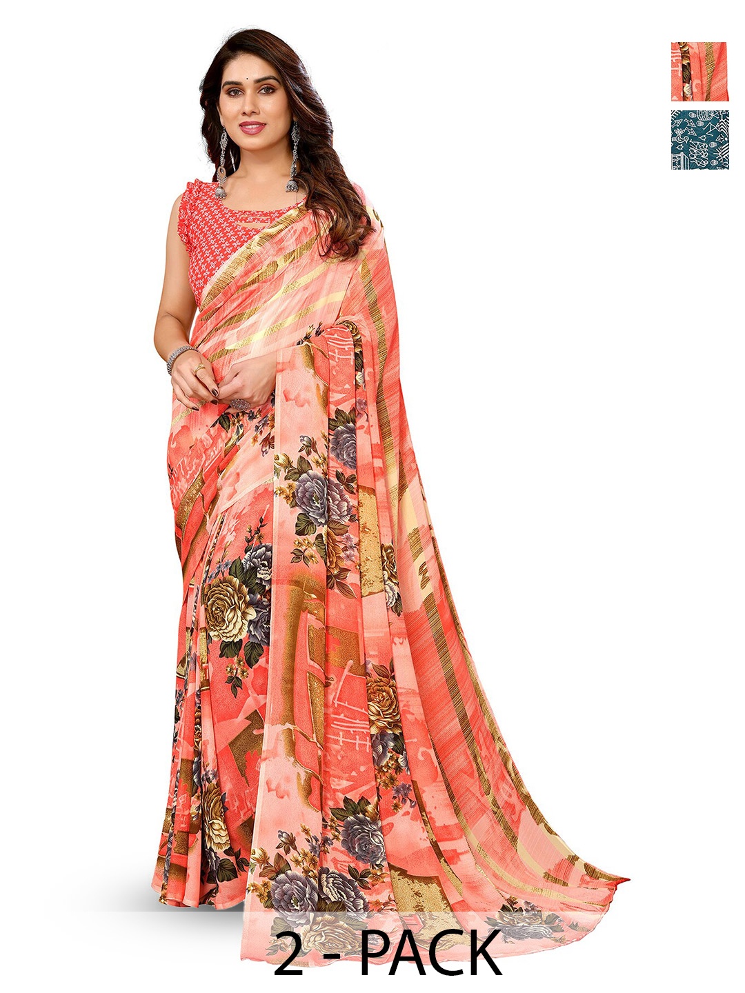 

ANAND SAREES Selection Of 2 Floral Printed Sarees, Teal