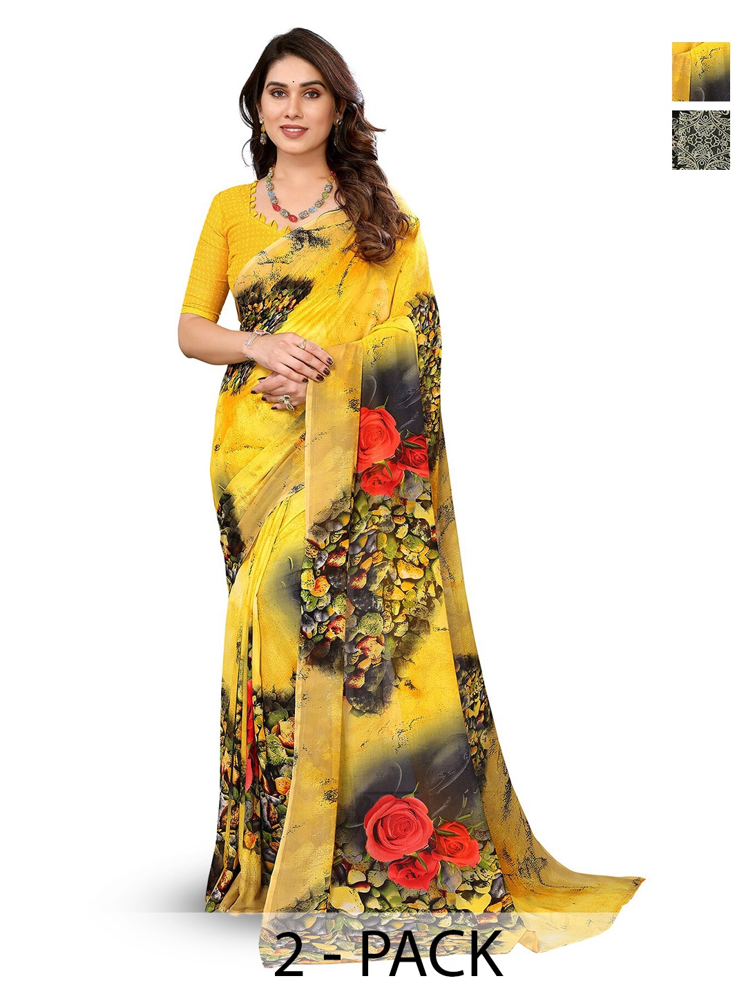 

ANAND SAREES Selection Of 2 Printed Sarees, Yellow