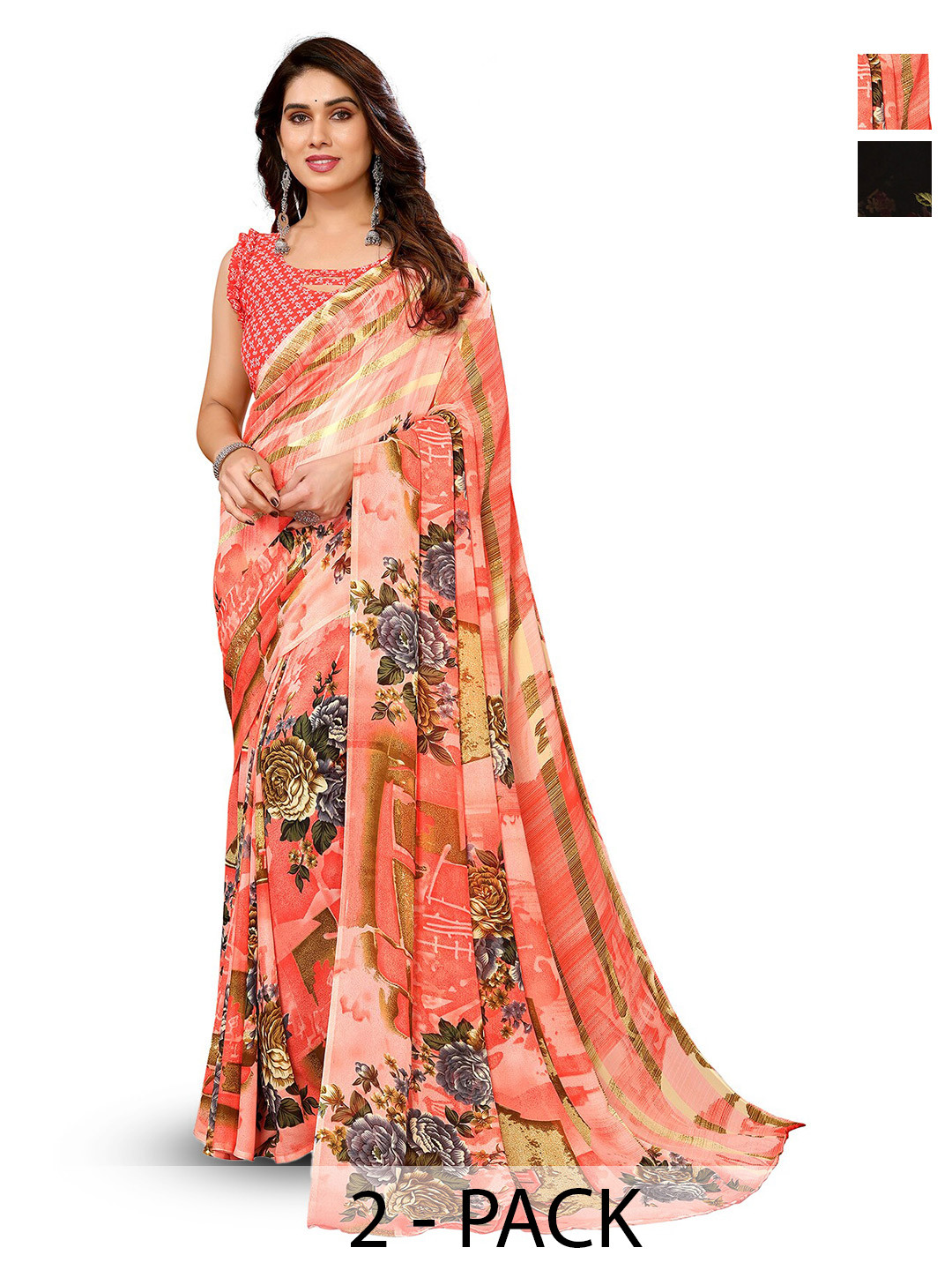 

ANAND SAREES Selection Of 2 Floral Printed Sarees, Pink
