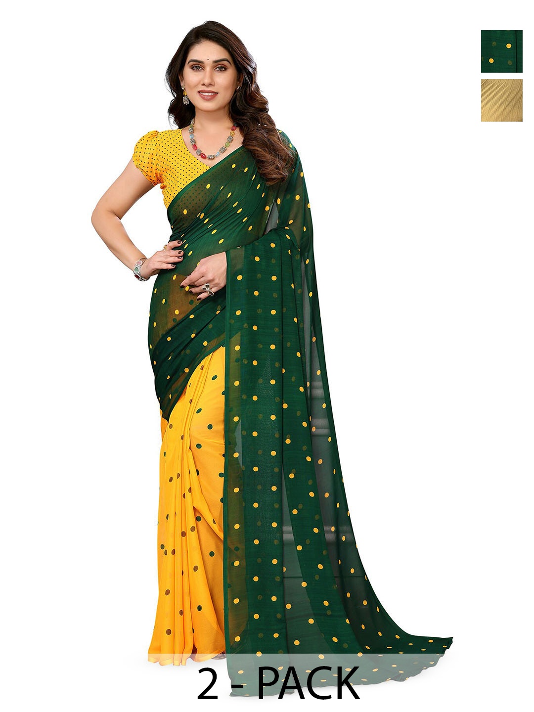 

ANAND SAREES Selection Of 2 Polka Dot Printed Sarees, Green