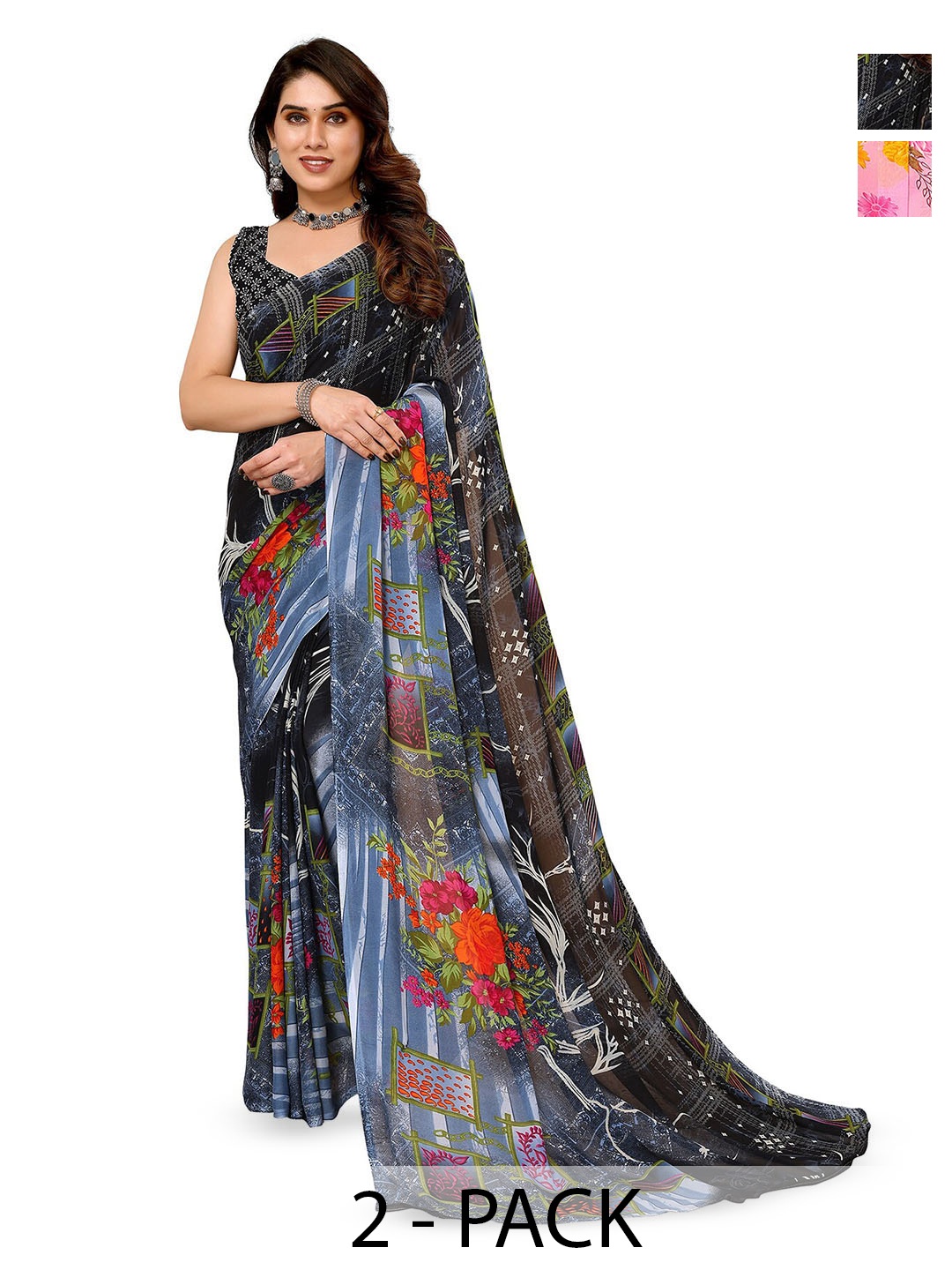 

ANAND SAREES Selection Of 2 Floral Printed Sarees, Black