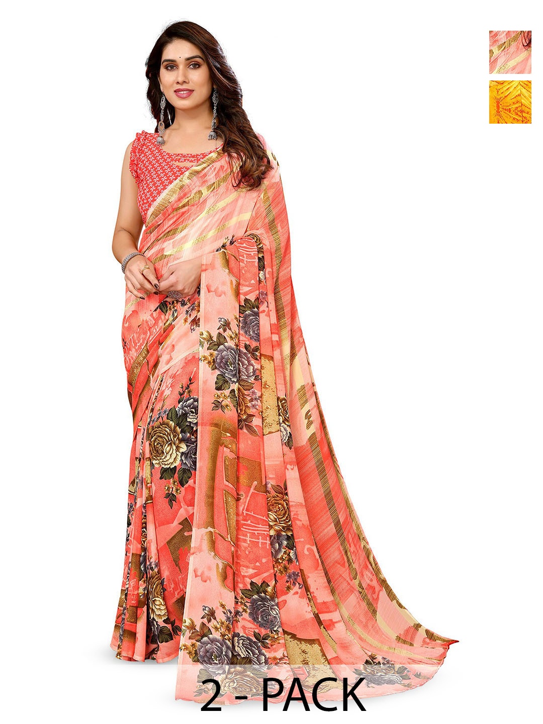 

ANAND SAREES Selection Of 2 Floral Printed Sarees, Pink