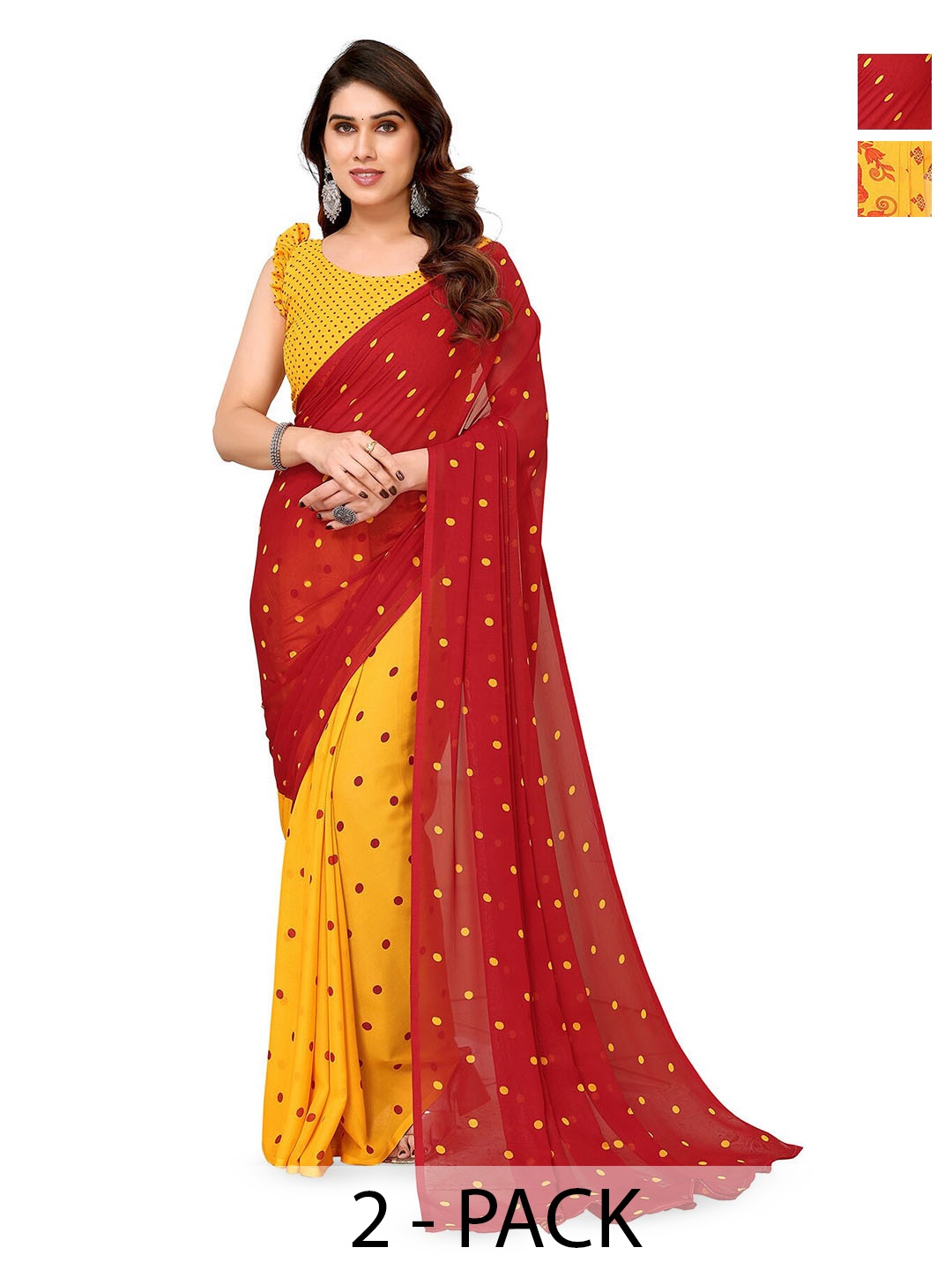 

ANAND SAREES Selection Of 2 Polka Dot Printed Sarees, Yellow