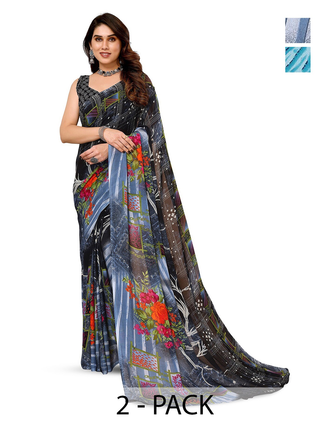 

ANAND SAREES Selection Of 2 Floral Printed Saree, Black