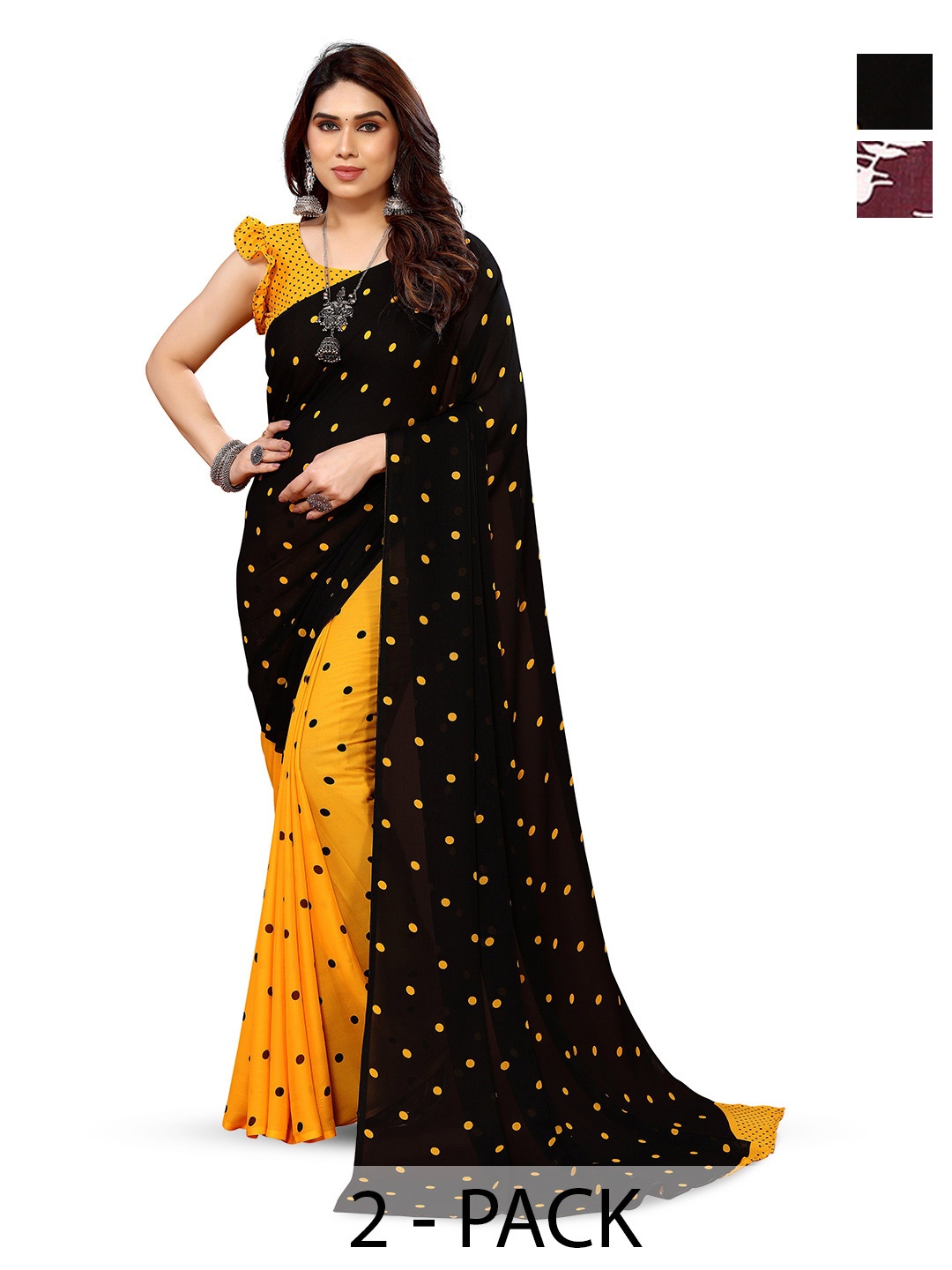 

ANAND SAREES Selection Of 2 Floral Printed Sarees, Black