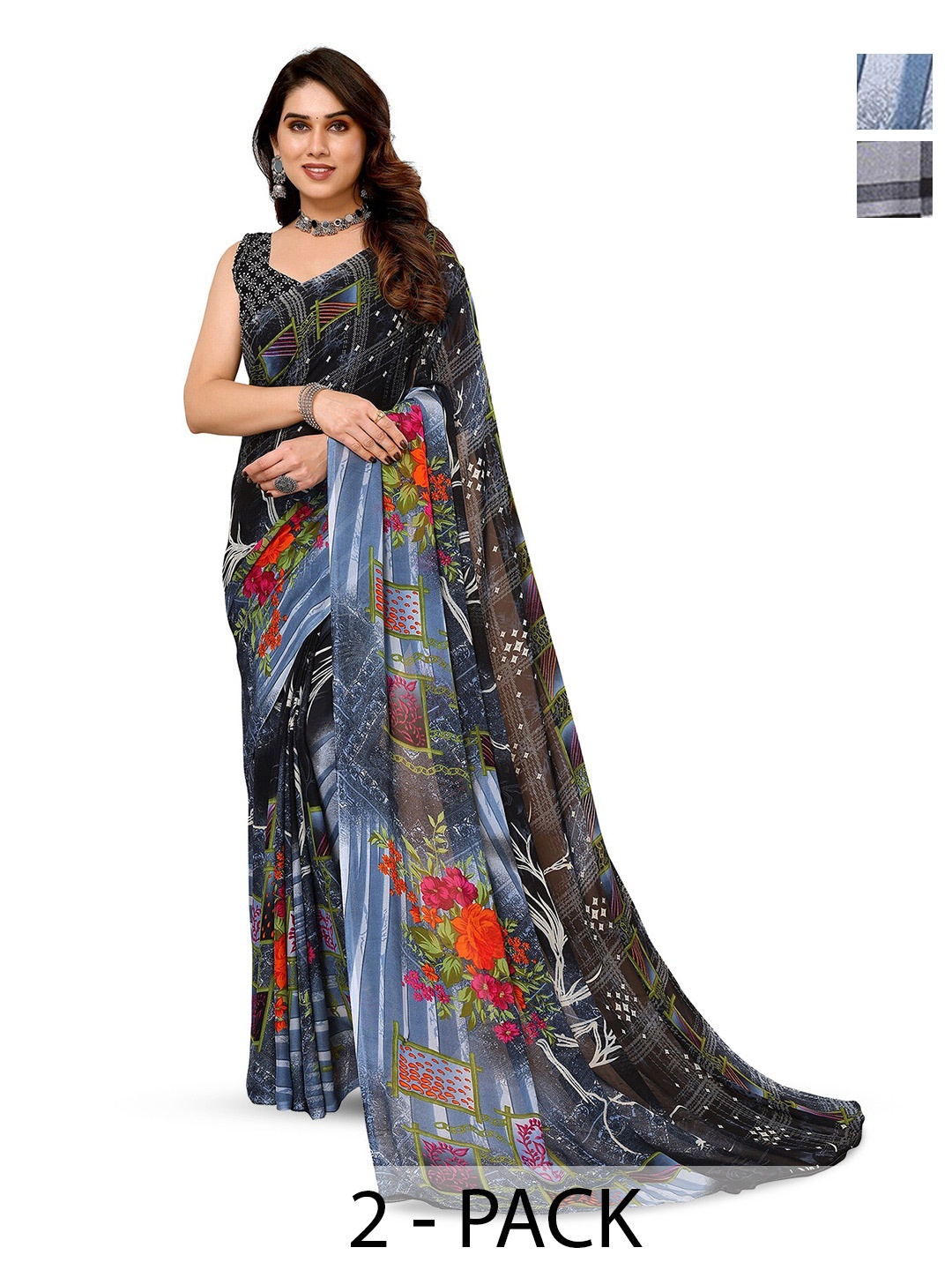 

ANAND SAREES Selection of 2 Floral Saree, Grey