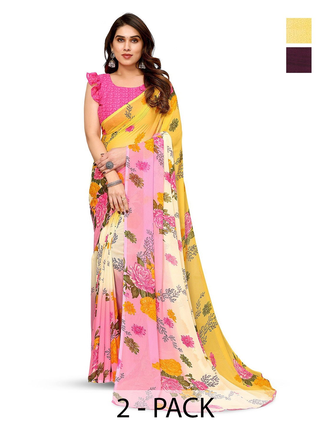 

ANAND SAREES Selection Of 2 Floral Printed Saree, Pink