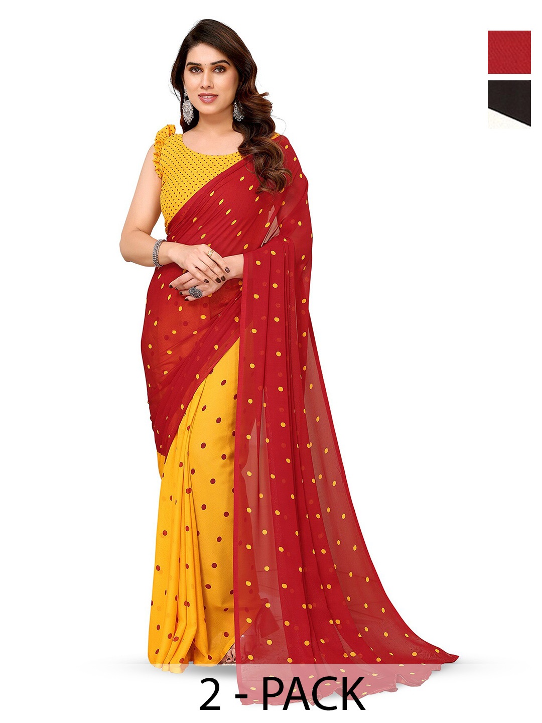 

ANAND SAREES Selection Of 2 Polka Dots Printed Sarees, Red