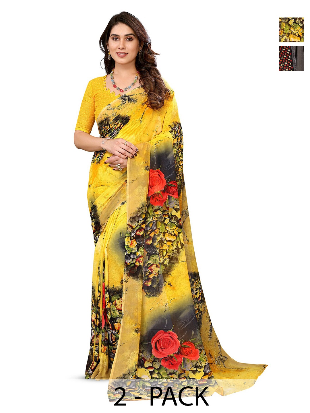 

ANAND SAREES Selection Of 2 Floral Printed Saree, Yellow