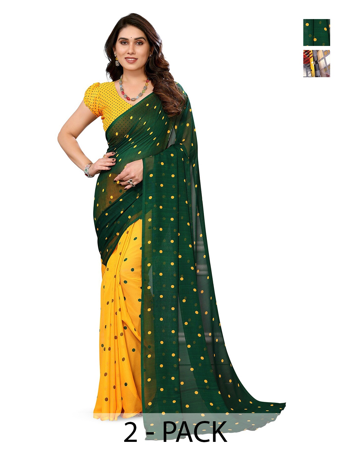 

ANAND SAREES Selection Of 2 Printed Saree, Green