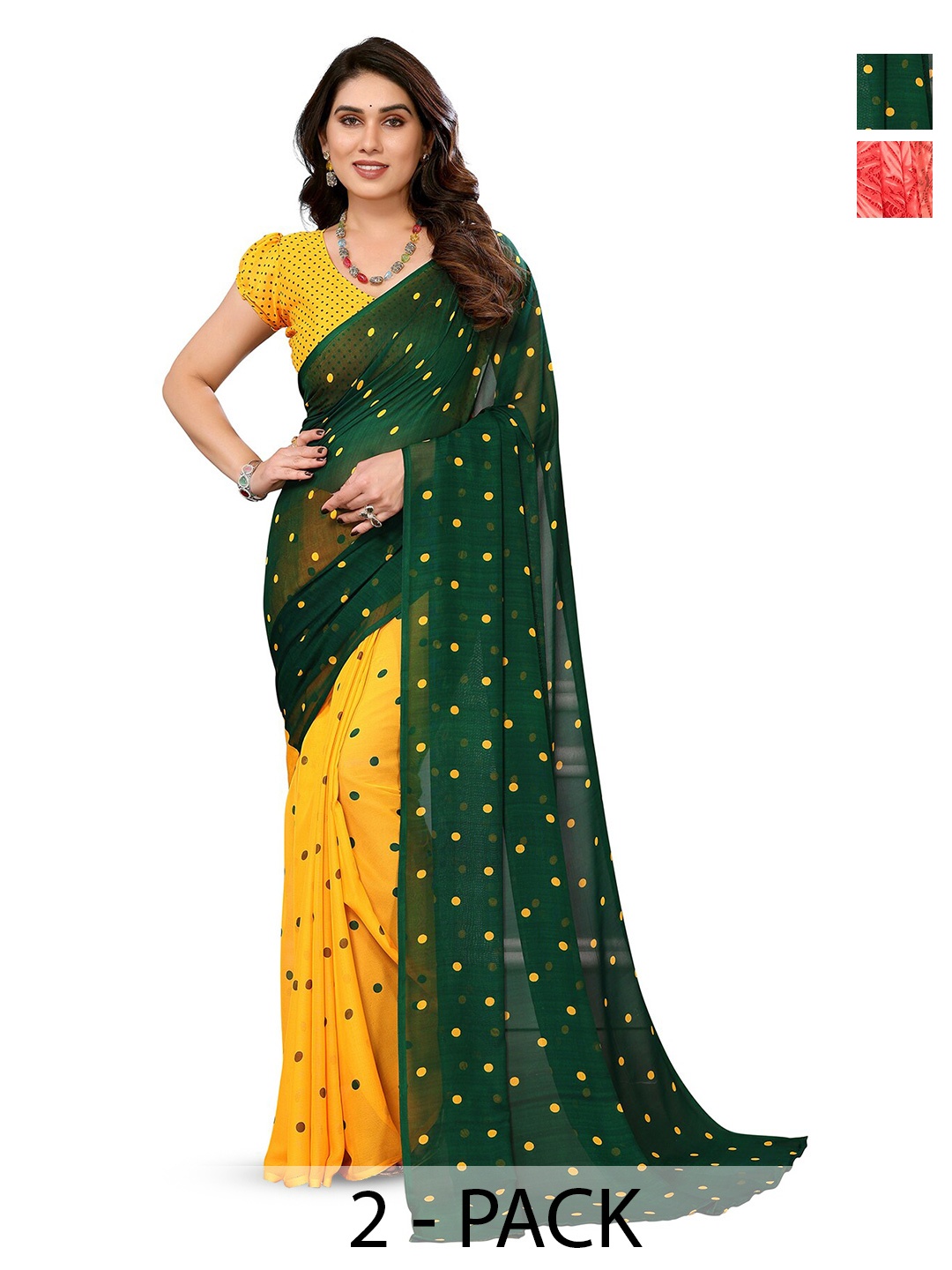 

ANAND SAREES Selection Of 2 Polka Dots Printed Sarees, Green