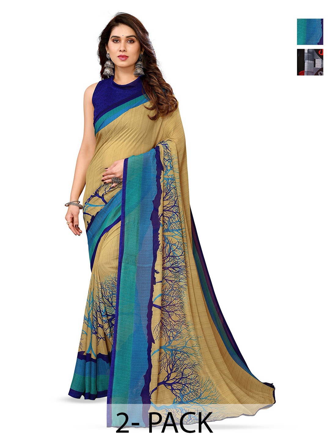 

ANAND SAREES Selection Of 2 Floral Printed Saree, Black