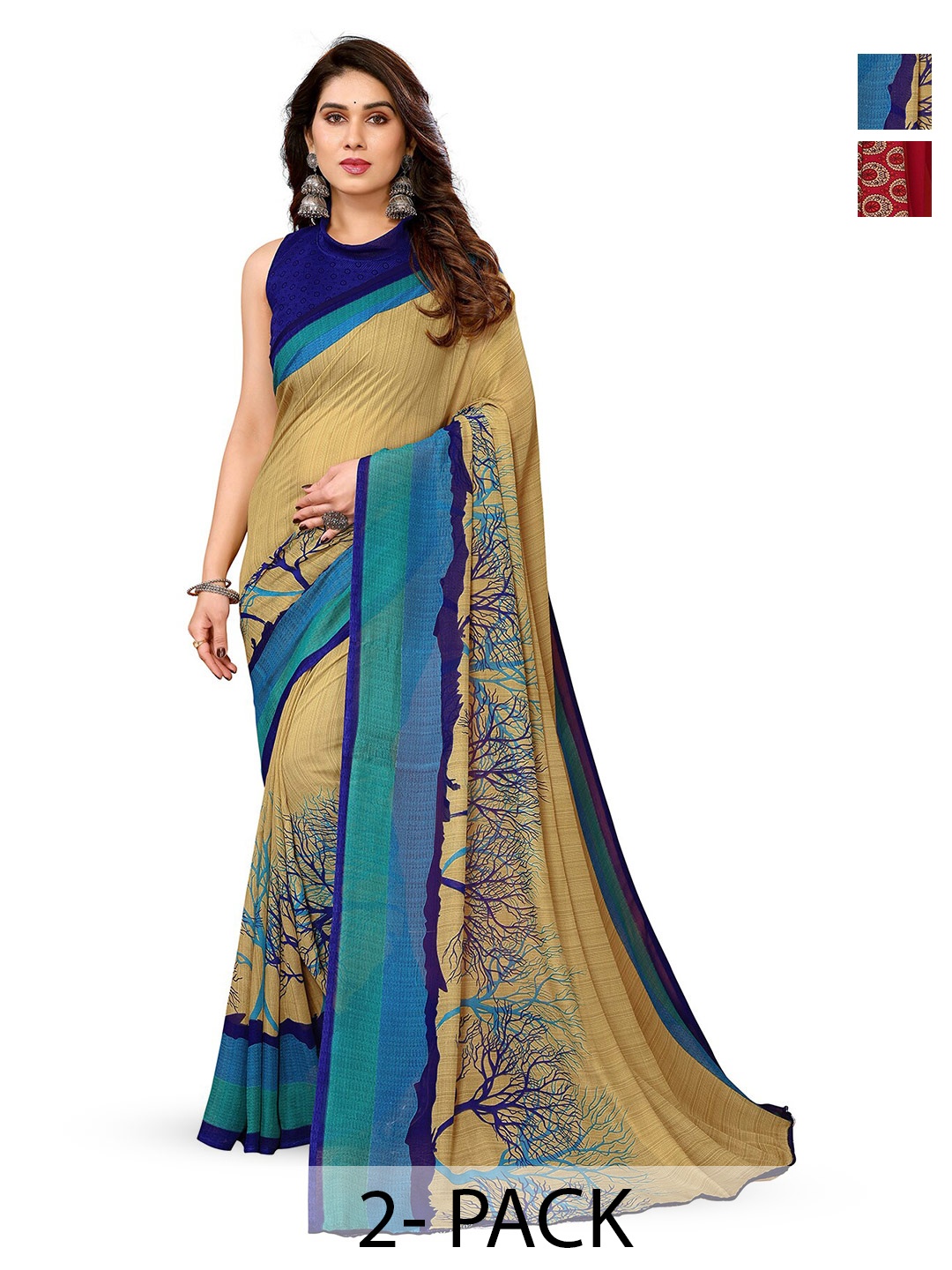 

ANAND SAREES Selection Of 2 Ethnic Motifs Printed Sarees, Beige