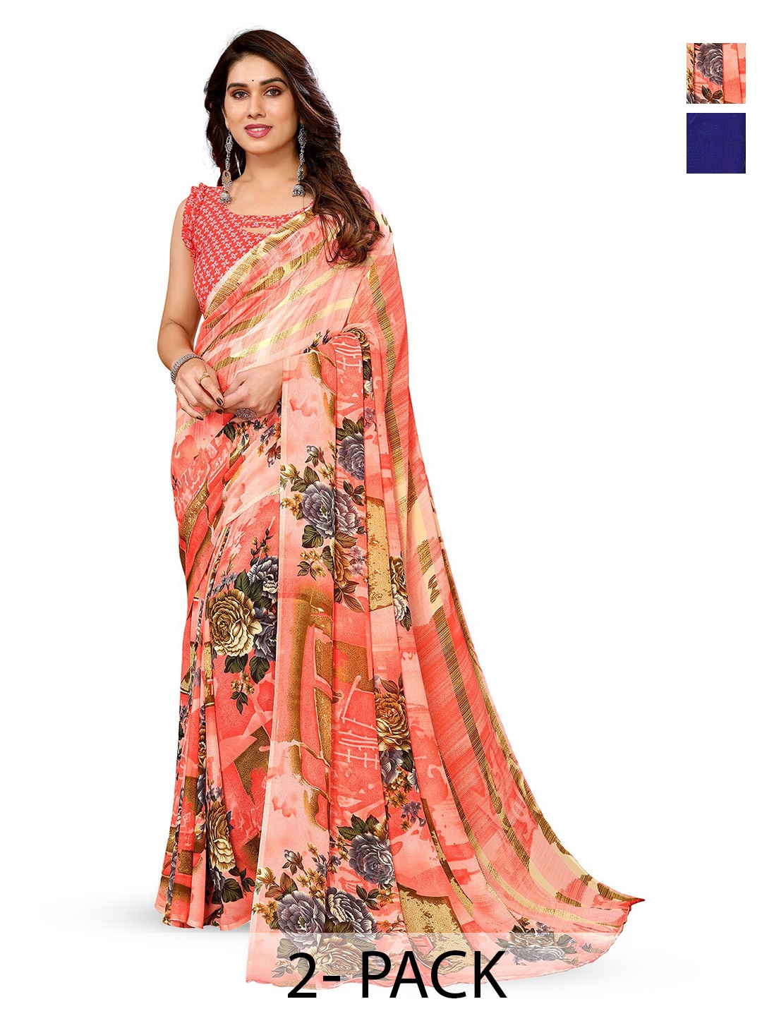 

ANAND SAREES Selection Of 2 Printed Sarees, Peach